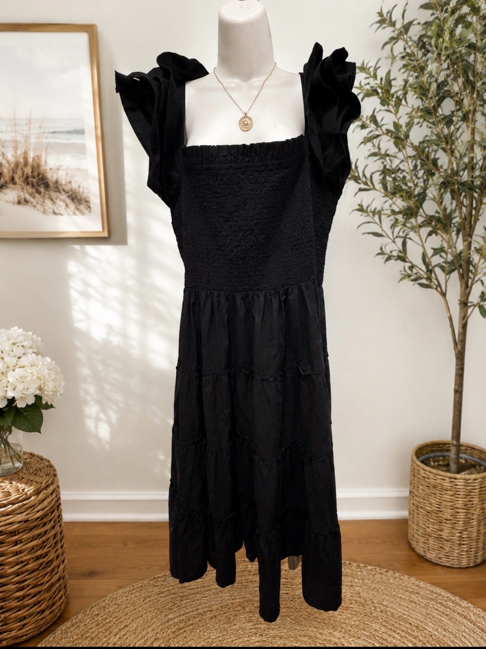 crown & ivy Black Ruffle-Shoulder Smocked Midi Dress size xl